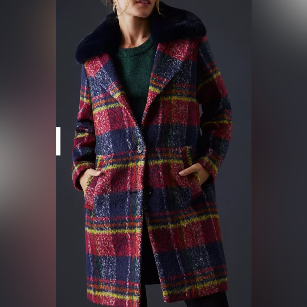 Anthropology NVLT Navy and Red Plaid Coat with Faux fur Collar new! - Picture 1 of 13